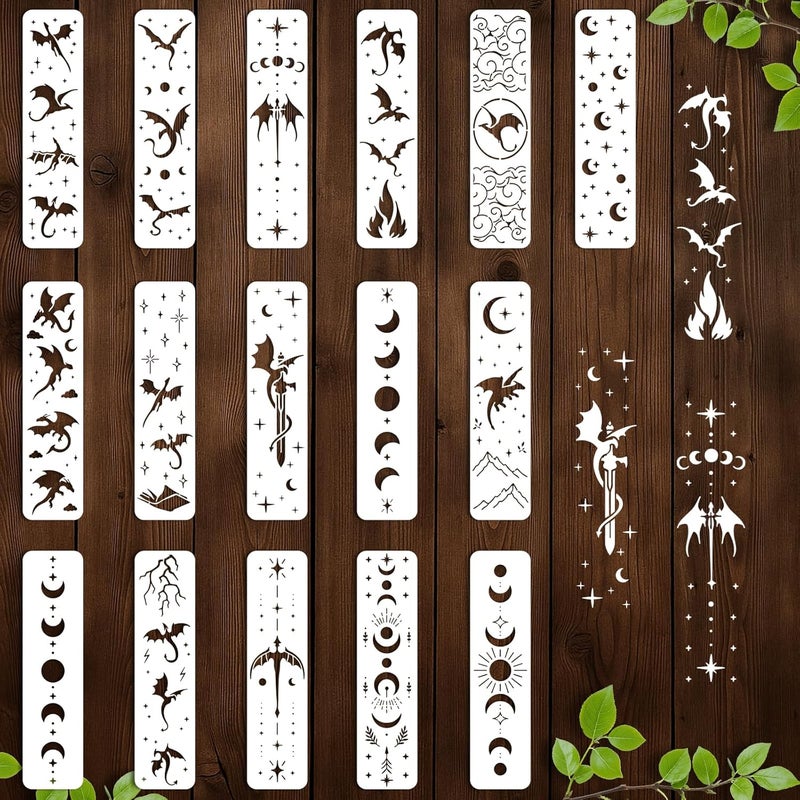 beinkmake 16Pcs Sun Moon Stars Stencil for Painting PET Templates Flying Dragon Inlay Border Stencils for Furniture Reusable DIY Craft Wall Wood Fabric Canvas Paper Home Decor - Image 1